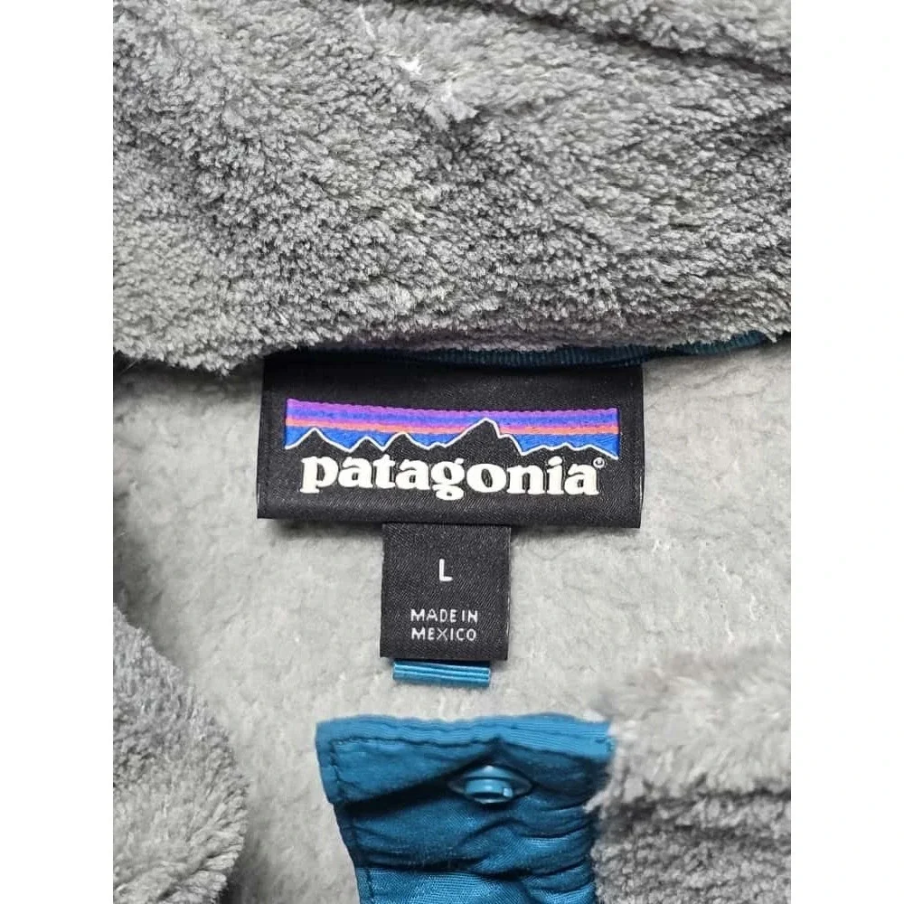 Patagonia‎ Fuzzy Fleece Pullover Jacket Gray Teal Size L Snap Neck